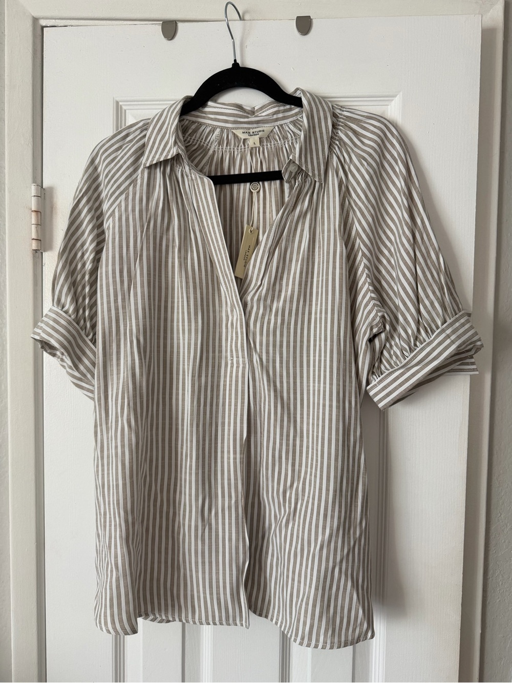 Max Studio Beige and White Striped Button-Front Blouse